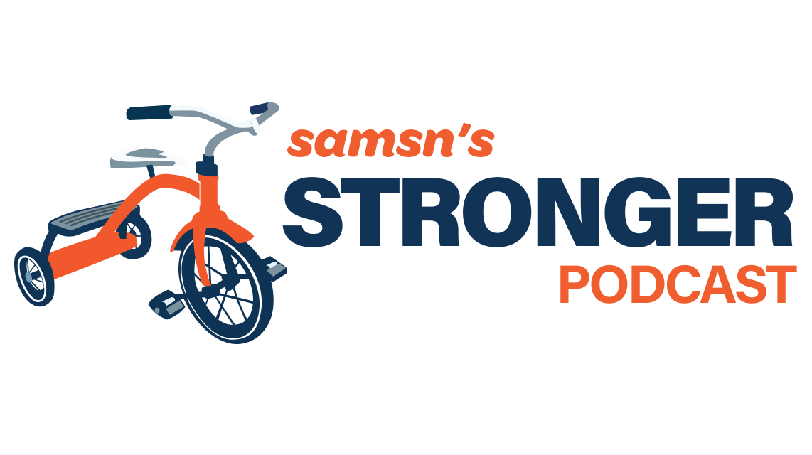 A stylised orange and blue tricycle, with the words "SAMSN's Stronger" underneath.
